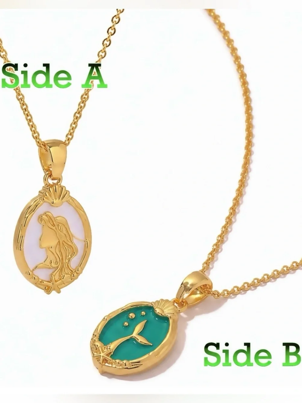 “Mermaid Profile & Tail” Cameo Silhouette Bubble Starfish Two-Way 18K Necklace